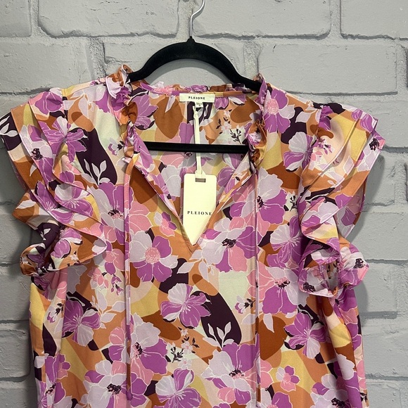 NEW Pleione Floral Ruffle Sleeve Blouse - Pink and Yellow size M - Picture 3 of 6